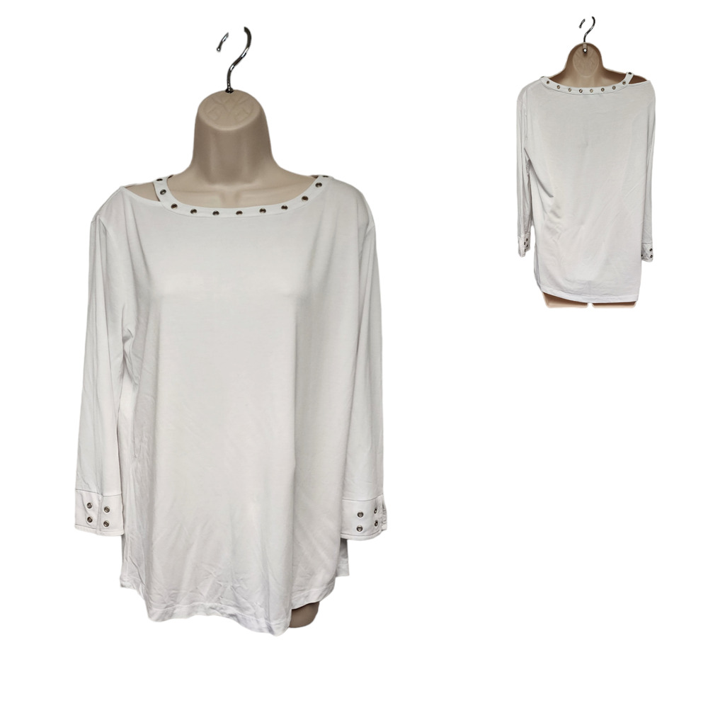Sharon Young Long Sleeve T-Shirt Cut Out Neckline Blouse Size Medium Color White